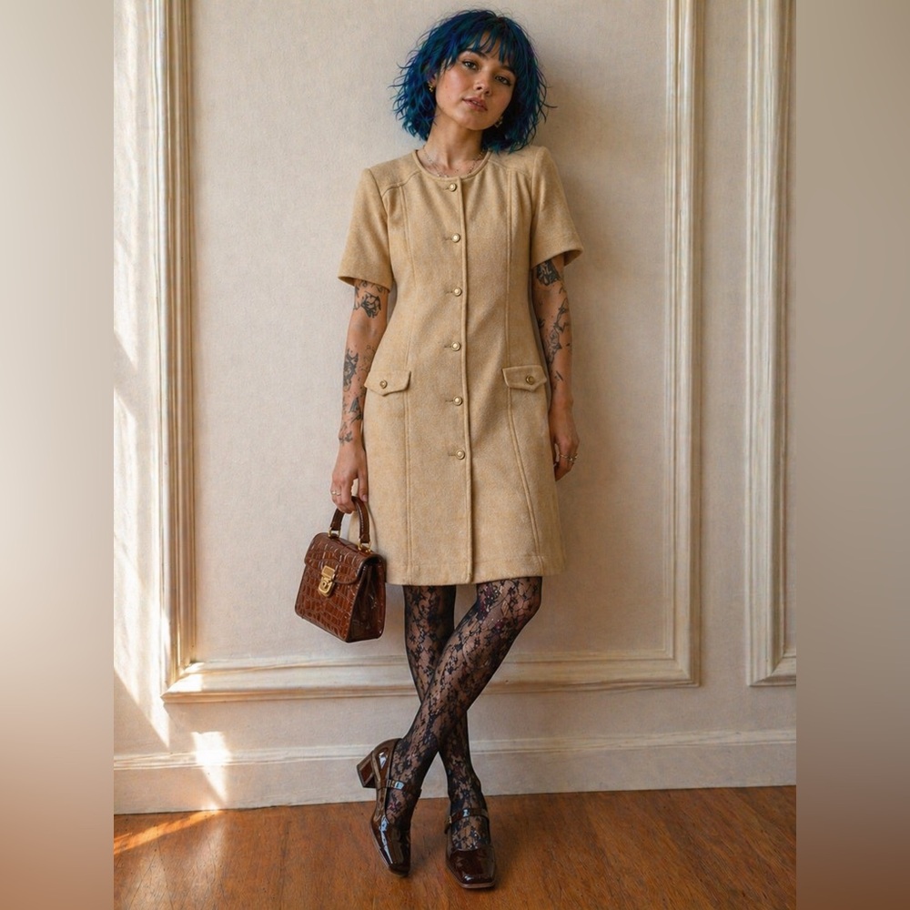 Vintage Pendleton Wool Knit Dress Size 16 Camel A-Line Shift Button Front USA